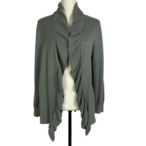 LOFT Outlet Waterfall Open Cardigan with Ruffle Placket, Large, Gray - Picture 1 of 6